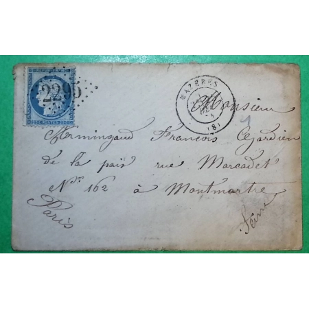 N°60A VARIETE 3 POINT DERRIERE LA TETE GC 2295 MAZERES ARIEGE POUR PARIS 1874 LETTRE COVER FRANCE