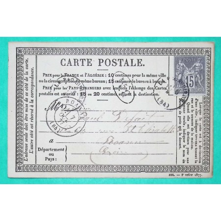 N°77 SAGE CARTE PRECURSEUR CAD TYPE 16 LA PACAUDIERE LOIRE BM BOITE MOBILE DEPART CHAMBILLY SAONE ET LOIRE 1877