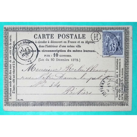 N°77 SAGE CARTE PRECURSEUR CAD TYPE 17 LE DORAT HAUTE VIENNE BOITE RURALE H THIAT POUR POITIERS 1877
