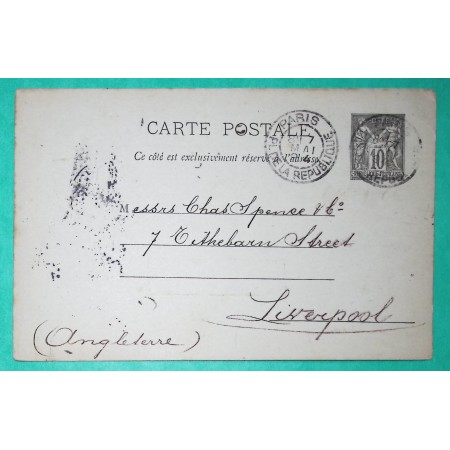 ENTIER SAGE 10C CARTE POSTALE REPIQUE OROSDI PARIS PL. DE LA REPUBLIQUE POUR LIVERPOOL ANGLETERRE 1894