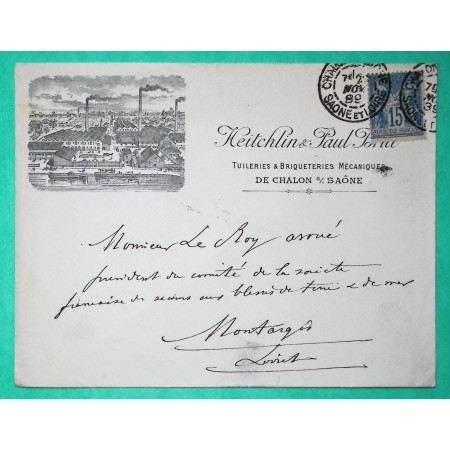 N°90 SAGE BELLE ENVELOPPE PUB ILLUSTREE TUILERIES BRIQUETERIES USINE CHALON SUR SAONE SAONE ET LOIRE 1889
