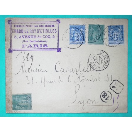 N°75 x2 + 90 x2 SAGE RECOMMANDE MARCHAND TIMBRES POSTE POUR COLLECTIONS PARIS 1893
