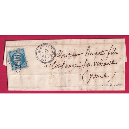 N°14 GC 2206 MARCILLY SUR SEINE MARNE CAD TYPE 22 POUR COULANGE LA VINAEUSE YONNE RARE SUR CE TIMBRE