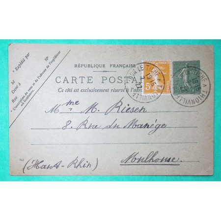 ENTIER SAGE 15C SEMEUSE + N°158 AMBULANT ALSACE LORRAINE AUDUN LE TICHE A THIONVILLE CARTE POSTALE 1922