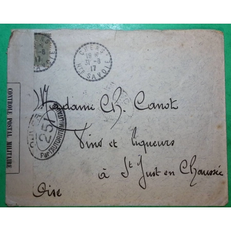 N°130 SEMEUSE CAD PERLE CHENS HAUTE SAVOIE CENSURE MILITAIRE 251 POUR ST JUST EN CHAUSSEE OISE 1917 WW1 COVER FRANCE
