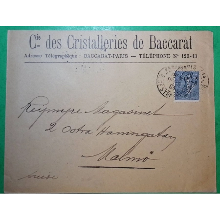 N°132 SEMEUSE CAD PARIS RUE DE STRASBOURG CRISTALLERIES DE BACCARAT POUR MALMÖ SUEDE SWEDEN 1904 LETTRE COVER FRANCE