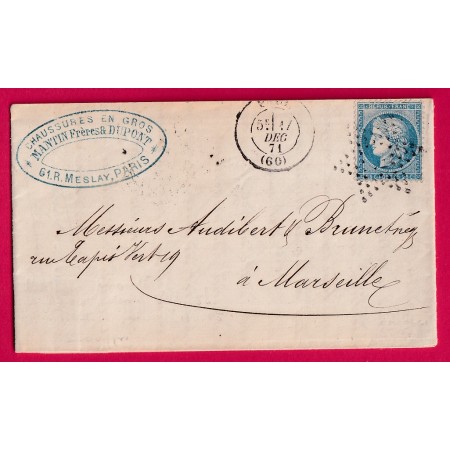 N°60 PARIS ETOILE EVIDEE POUR MARSEILLE ETIQUETTE PUB AU DOS TIMBRE FISCAL DANS TEXTE