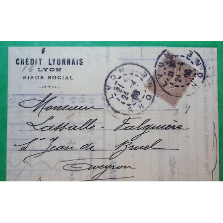 N°131 SEMEUSE LIGNE 20C BRUN LILAS SEUL SUR LETTRE CREDIT LYONNAIS LYON POUR ST JEAN DE BRUEL AVEYRON 1908 COVER FRANCE