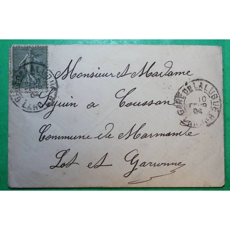 N°130 SEMEUSE CAD GARE DE LA LUGUE LALUQUE LANDES POUR MARMANDE LOT ET GARONNE 1904 LETTRE COVER FRANCE