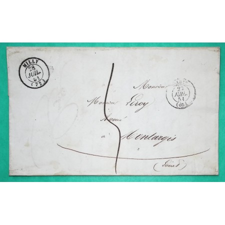 CURIOSITE LETTRE MILLY SEINE ET OISE CACHET TRANSIT PAR PARIS POUR MONTARGIS LOIRET LIGNE DE TOURS VERSO 1851