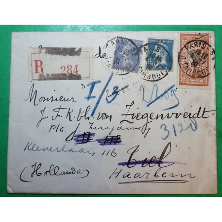N°145 + 181 + 237 MIXTE MERSON PASTEUR SEMEUSE RECOMMANDE PARIS POUR TIEL HOLLANDE HOLLAND REEXP HAARLEM 1930 FRANCE