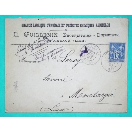 N°90 SAGE ENVELOPPE ENTETE PUB GRANDE FABRIQUE D'ENGRAIS ET PRODUITS CHIMIQUES AGRICOLES PUISEAUX LOIRET 1887