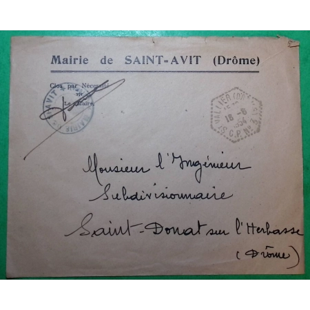 FRANCHISE MAIRIE DE ST AVIT DROME CACHET MANUEL POSTE AUTOMOBILE CP N°3 POUR ST DONAT SUR L'HERBASSE 1954 COVER FRANCE