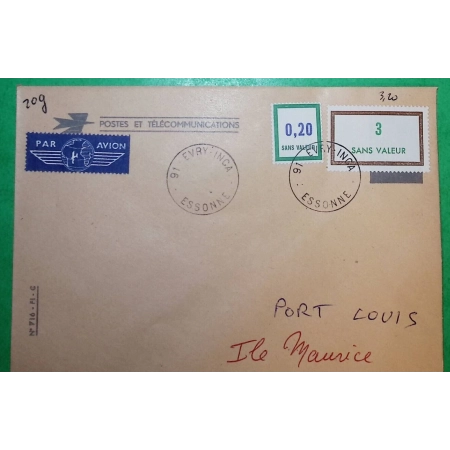 LETTRE PAR AVION FICTIF 0.2 + 3 SANS VALEUR COURS INSTRUCTION 91 EVRY INCA ESSONNE PORT LOUIS ILE MAURICE COVER FRANCE
