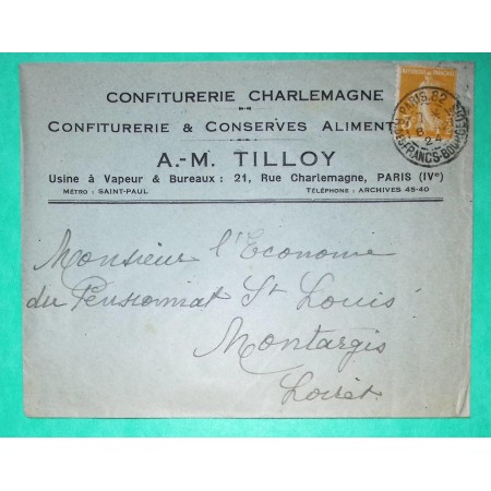N°158 SEMEUSE ENVELOPPE ENTETE PUB CONFITURERIE CHARLEMAGNE CONSERVES ALIMENTAIRES PARIS TARIF IMPRIME 1924