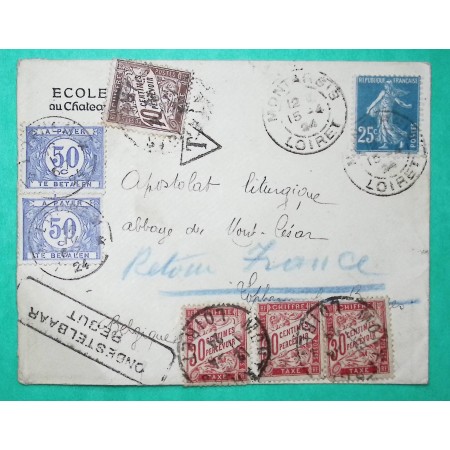 N°140 SEMEUSE BELLE ENVELOPPE TAXE DUVAL 90C + TAXES BELGES ONBESTELBAAR REBUT + ETIQUETTE REFUSE VERSO 1924