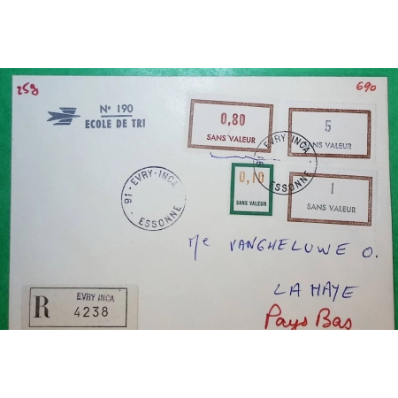 LETTRE FICTIF RECOMMANDE 0.1 + 0.8 + 1 + 5 SANS VALEUR COURS INSTRUCTION 91 EVRY INCA ESSONNE POUR LA HAYE PAYS BAS