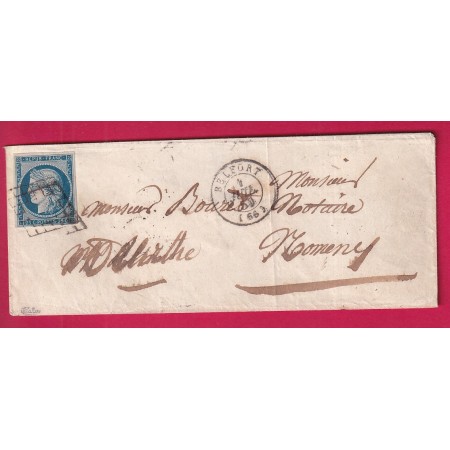 N°4 DU 1ER JUILLET 1850 PREMIER JOUR DU TARIF A 25C CAD T15 BELFORT HAUT RHIN SIGNE CALVES POUR NANCY