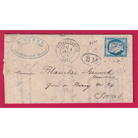 N°60 GC 3039 PUISSERGUIER HERAULT CAD TYPE 17  BM BOITE MOBILE POUR PARIS BERCY