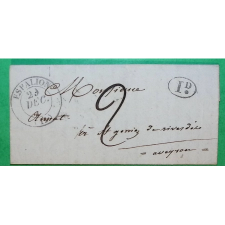 CACHET SANS MILLESIME TYPE 13 ESPALION AVEYRON DECIME RURAL BANCAREL POUR ST GENIEZ 1833 LETTRE COVER FRANCE