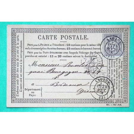 N°66 SAGE TYPE I CARTE PRECURSEUR CAD TYPE 17 LAUZUN LOT ET GARONNE POUR BORDEAUX 1876