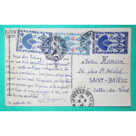 CARTE POSTALE AVION MADGASCAR FRANCE LIBRE TARIF 7F50 TANANARIVE POUR ST BRIEUC COTES DU NORD 1946
