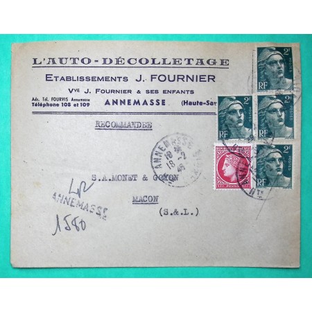 N°676 + 713 x4 MAZELIN GANDON RECOMMANDE PROVISOIRE ANNEMASSE HAUTE SAVOIE ENTETE PUB DECOLLETAGE FOURNIER  1946