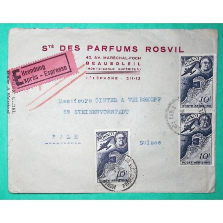 10F x3 POSTE AERIENNE MONACO LETTRE EXPRES MONTECARLO PUBLICITE PARFUMS ROSVIL POUR BALE SUISSE 1947