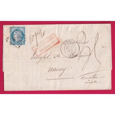 N°60 GC 822 CETTE HERAULT TAXE MANSCRIT 35 AFFRANCH INSUFF POUR NANCY MEURTHE ET MOSELLE ETIQUETTE PUB