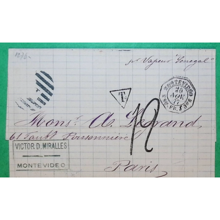 LETTRE MONTEVIDEO URUGUAY SANS TIMBRE POUR PARIS PAR BATEAU A VAPEUR SENEGAL 1877 LETTRE COVER FRANCE