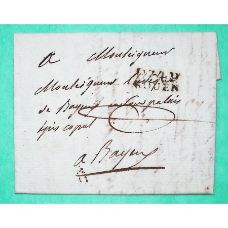 MARQUE P74P ROUEN SEINE INFERIEURE PORT PAYE DEPART VAUVILLE PONT L'EVEQUE POUR BAYEUX CALVADOS 19x8 1806