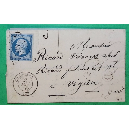 N°14 PC 897 CODOGNAN GARD BOITE RURALE D GALLARGUES POUR LE VIGAN 1858 LETTRE COVER FRANCE