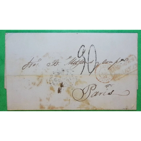 LETTRE LA HAVANE CUBA CAD ROUGE ANGL.CALAIS COLONIES ARTICLE 13 TAXE TAMPON 30 POUR PARIS 1852 COVER FRANCE