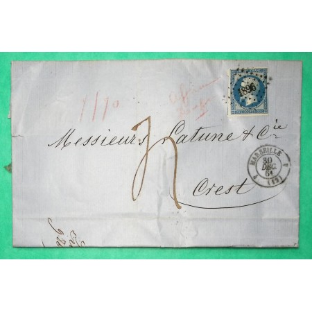 N°14B PC 1896 MARSEILLE BOUCHES DU RHONE TAXE 4 AFFRANCHISSEMENT INSUFFISANT MENTION FACTEUR 1861