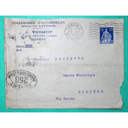 25C HELVETIA BELLE ENVELOPPE ILLUSTREE PUB ACCESSOIRES AUTOMOBILES GENEVE SUISSE CENSURE 256 POUR SAMOËNS HAUTE SAVOIE 1918 WW1