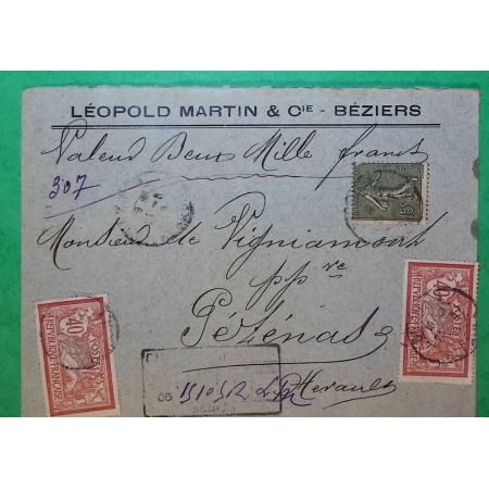 N°119 x2 + 130 MIXTE MERSON SEMEUSE LETTRE CHARGE BEZIERS HERAULT POUR PEZENAS 1906 LETTRE COVER FRANCE