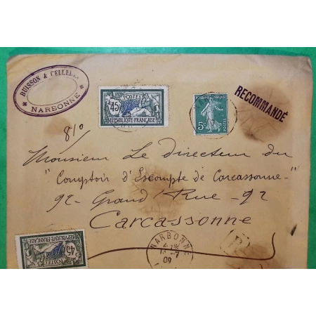 N°137 + 143 x2 MIXTE SEMEUSE MERSON RECOMMANDE NARBONNE AUDE POUR CARCASSONNE 1909 LETTRE COVER FRANCE
