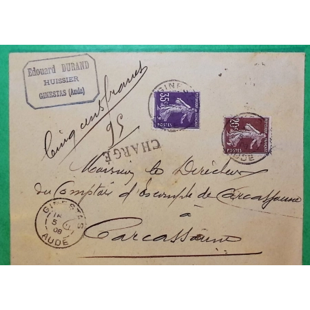 N°139 + 142 SEMEUSE LETTRE CHARGE GINESTAS AUDE POUR CARCASSONNE 1908 LETTRE COVER FRANCE