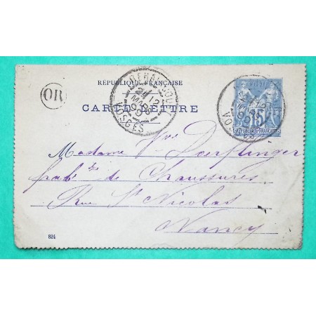 ENTIER SAGE 15C CARTE LETTRE CAD TYPE A REHAINCOURT VOSGES OR ORIGINE RURALE DAMAS AUX BOIS 1899