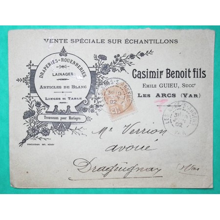 N°117 MOUCHON BELLE ENVELOPPE PUB ILLUSTREE DRAPERIES LES ARCS SUR ARGENS VAR POUR DRAGUIGNAN 1902