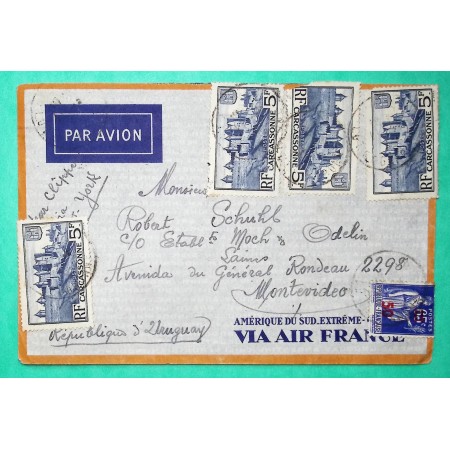 N°392 x4 + 479 CARCASSONNE PAIX SURCHARGE LETTRE PAR AVION POUR MONTEVIDEO URUGUAY