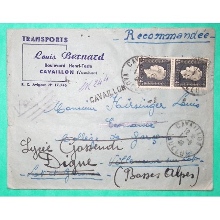 N°696 x2 MARIANNE DULAC RECOMMANDE PROVISOIRE CAVAILLON VAUCLUSE POUR VILLENEUVE SUR LOT REEXP DIGNE BASSES ALPES 1946