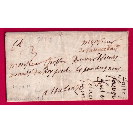 MARQUE MANUSCRIT VILLEUNEUVE D'AGEN LOT ET GARONNE 1714 LENAIN N°1 INDICE 11 POUR TOULOUSE