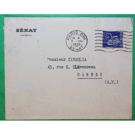 N°368 PAIX PERFORE S SENAT PARIS POUR CANNES ALPES MARITIMES 1939 LETTRE COVER FRANCE
