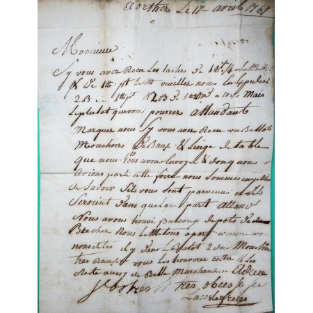 MARQUE MANUSCRITE ORTHEZ BASSES PYRENEES POUR BORDEAUX GIRONDE LN N°1A 1767