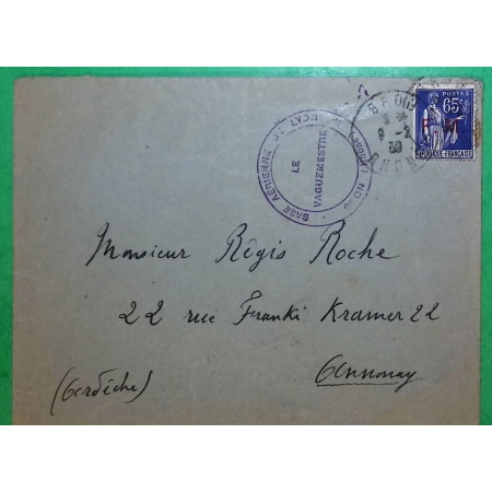 N°365 PAIX SURCHARGE FM BASE AERIENNE DE LYON BRON RHONE POUR ANNONAY ARDECHE 1939 LETTRE COVER FRANCE