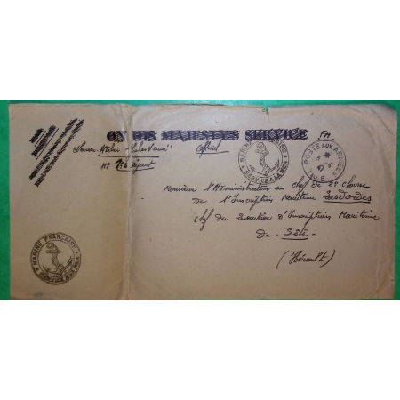 FRANCHISE MILITAIRE FM MARINE BATEAU JULES VERNE GUERRE D'INDOCHINE POSTES AUX ARMEES T.O.E POUR SETE 1947 FRANCE