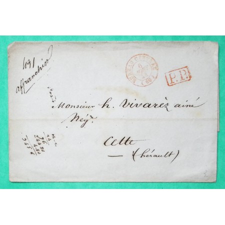 CAD TYPE 15 BUREAU CENTRAL PP ROUGE PARIS POUR CETTE SETE HERAULT 1844
