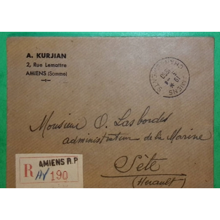 N°732 MARIANNE DE GANDON 50F SEUL SUR LETTRE RECOMMANDE AMIENS SOMME POUR SETE HERAULT 1950 COVER FRANCE
