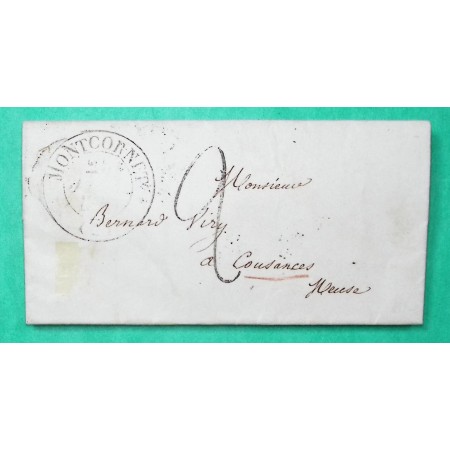 CAD TYPE 12 MONTCORNET AISNE POUR COUSANCES MEUSE CACHET ROUTE N°18 PARIS VERSO TAXE 2 TAMPON 1849